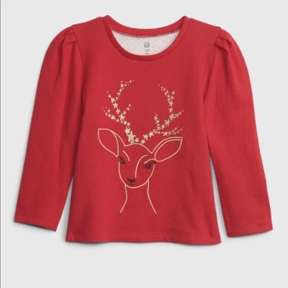 GAP toddler girl sz. 4 T puffy sleeves red shirt deer print - Picture 1 of 3